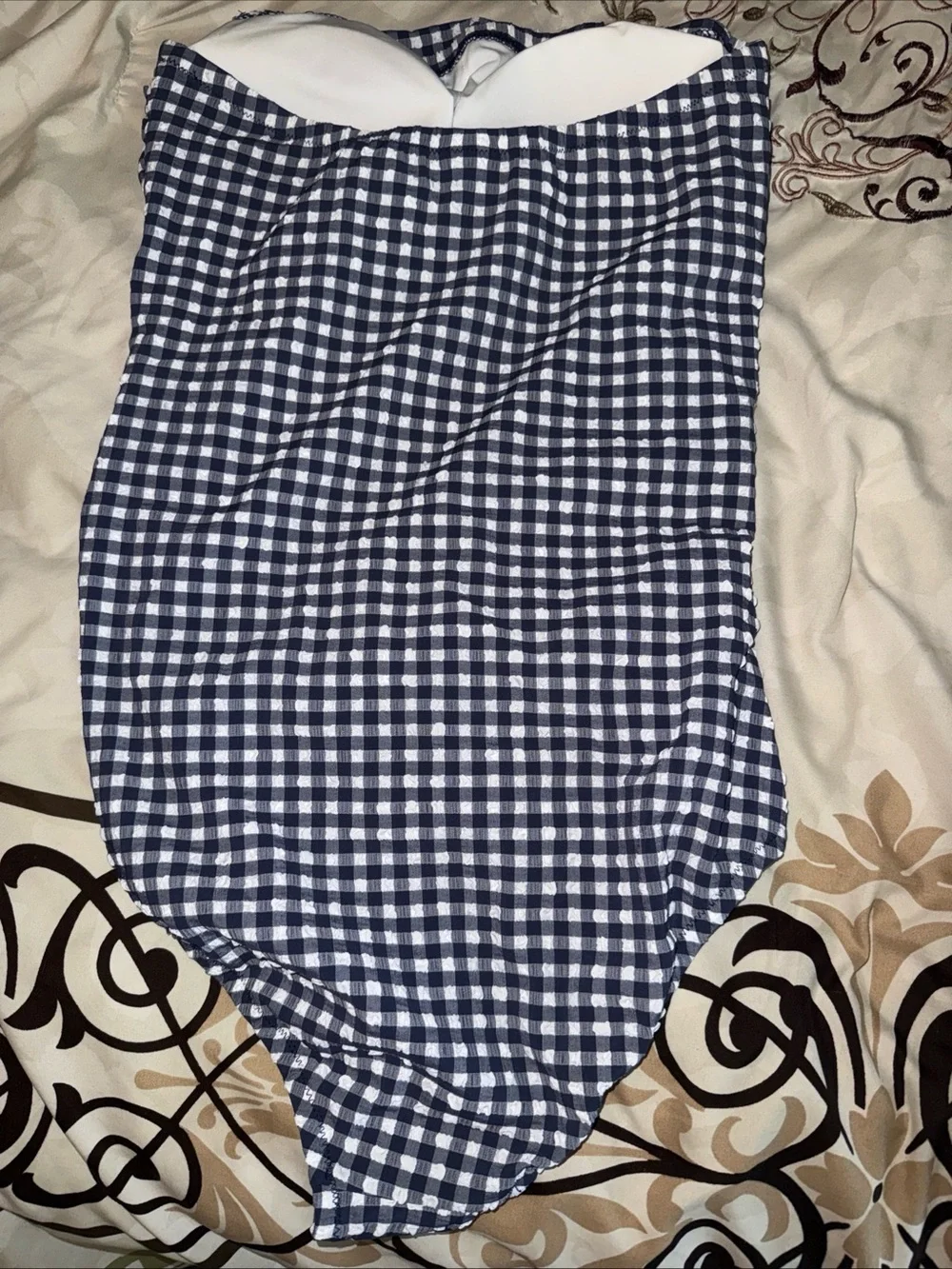 Jcrew rouched bandeau one piece swimsuit navy gingham size 8 tall
